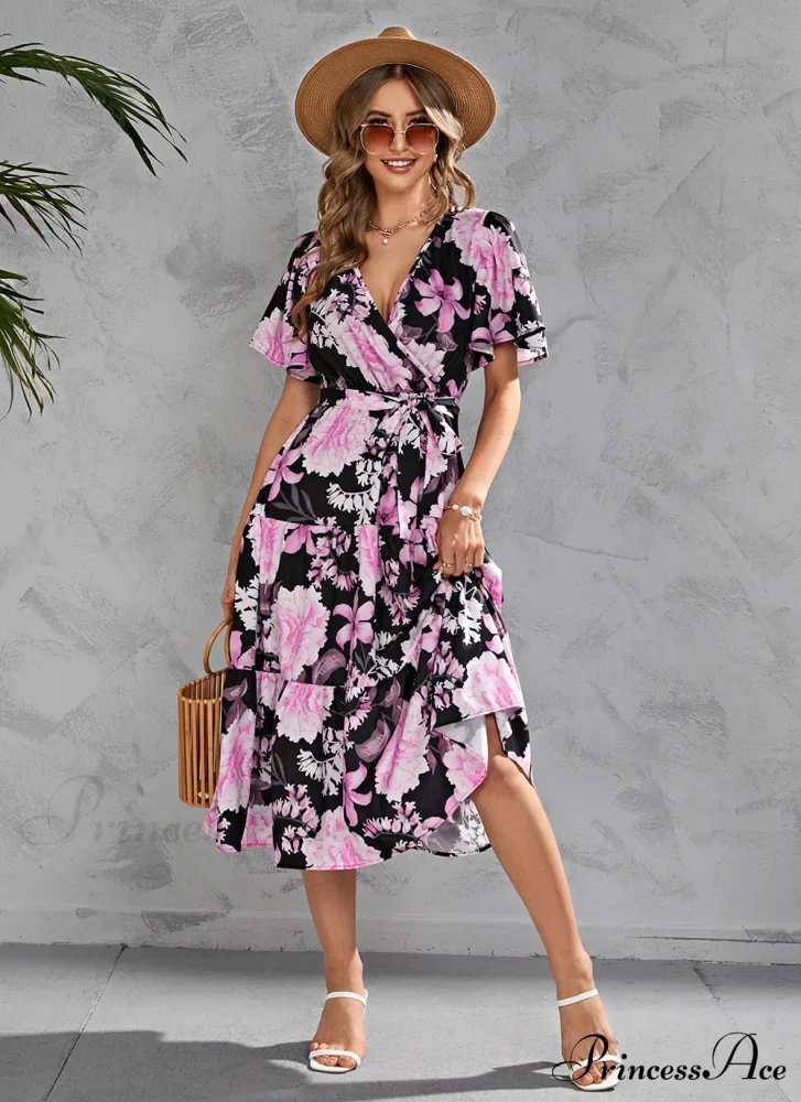Women's Summer Floral V-Neck Short Sleeve Dress with Belt - Chiffon Mid-Length Boho Beach Sundress - Image 6