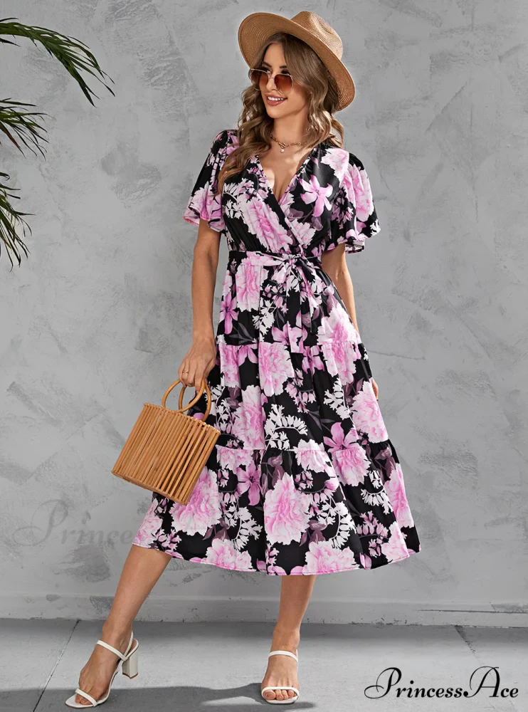 Women's Summer Floral V-Neck Short Sleeve Dress with Belt - Chiffon Mid-Length Boho Beach Sundress - Image 8