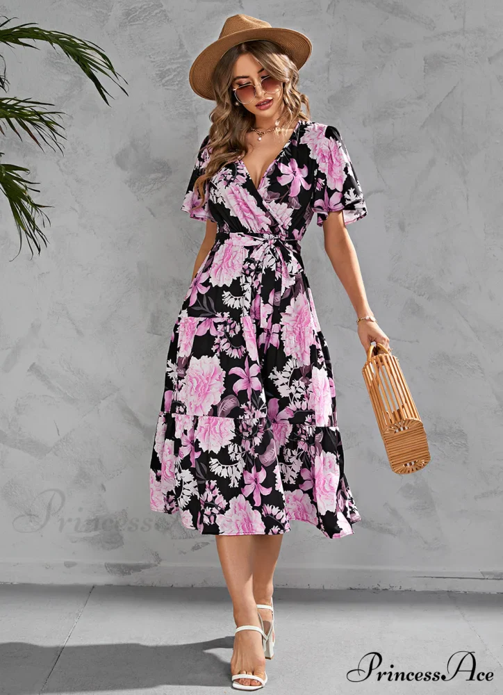 Women's Summer Floral V-Neck Short Sleeve Dress with Belt - Chiffon Mid-Length Boho Beach Sundress - Image 9