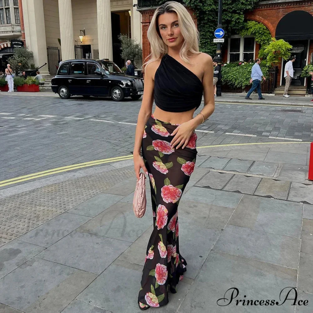 Rose Print Sheer Party Mesh Long Skirt - Image 2