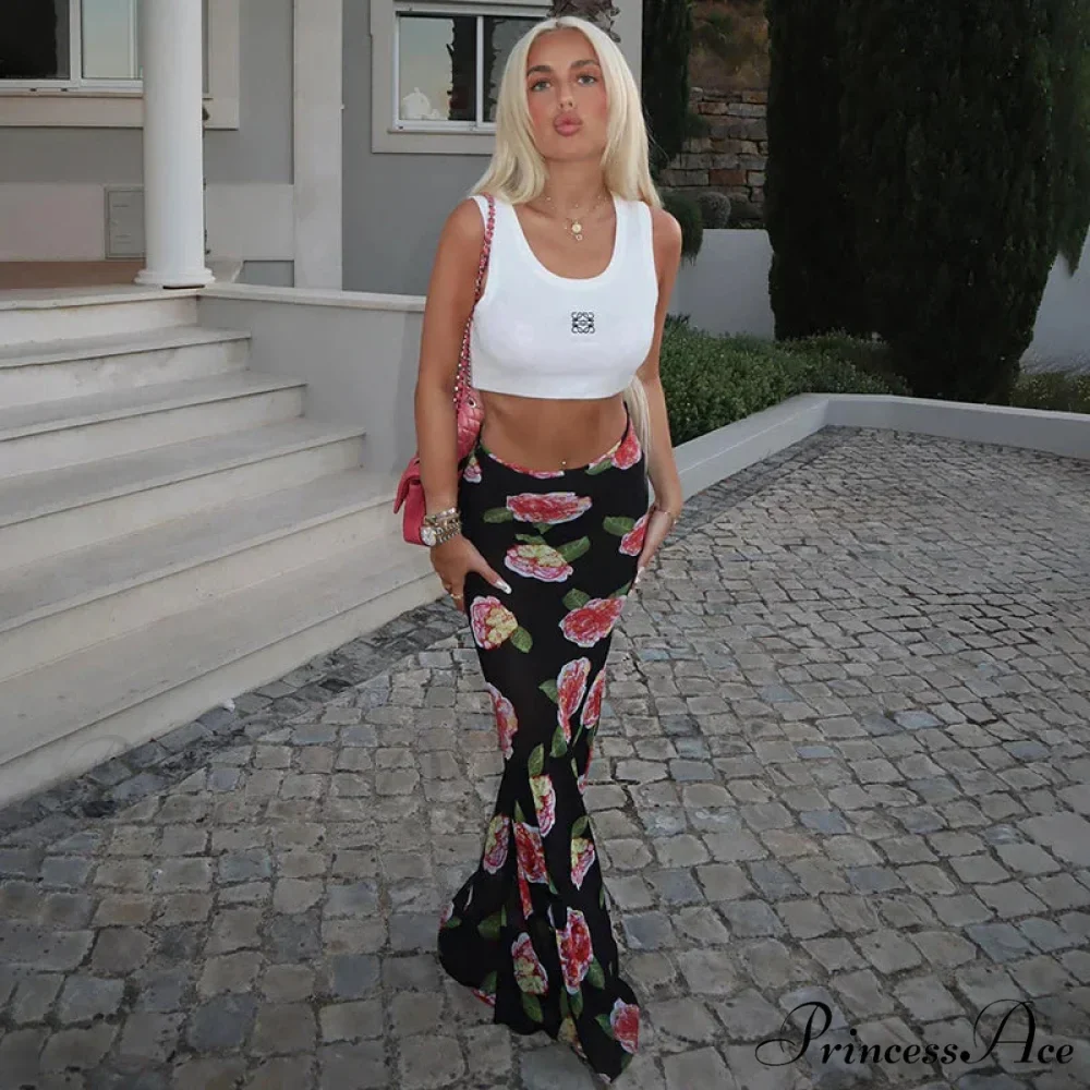 Rose Print Sheer Party Mesh Long Skirt - Image 3