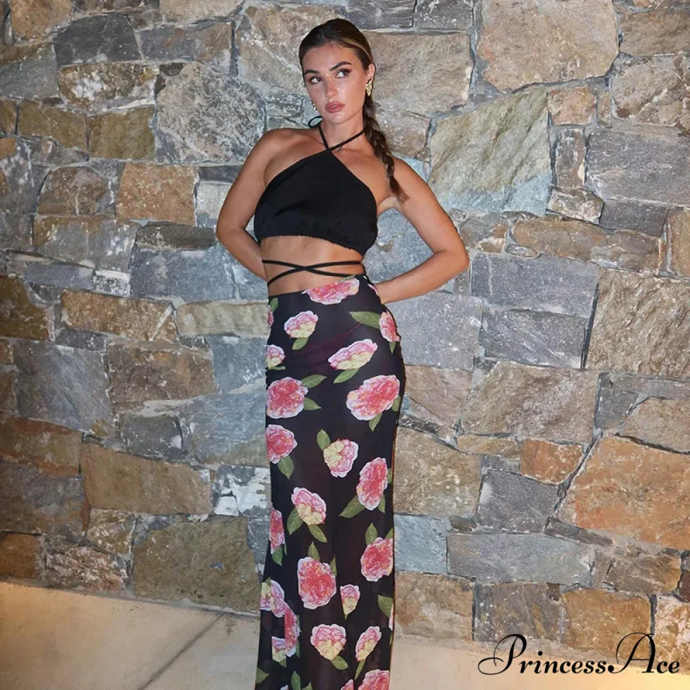 Rose Print Sheer Party Mesh Long Skirt - Image 4