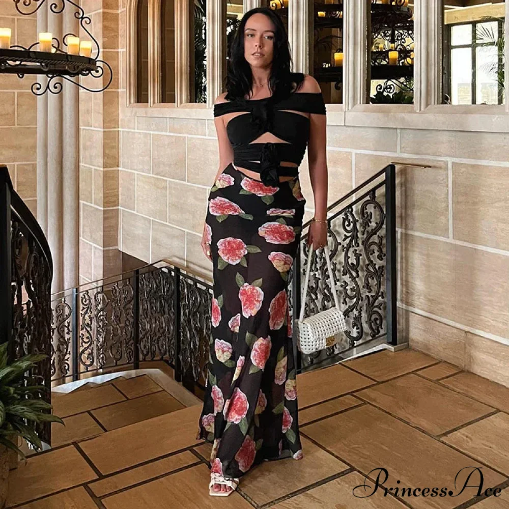 Rose Print Sheer Party Mesh Long Skirt - Image 5