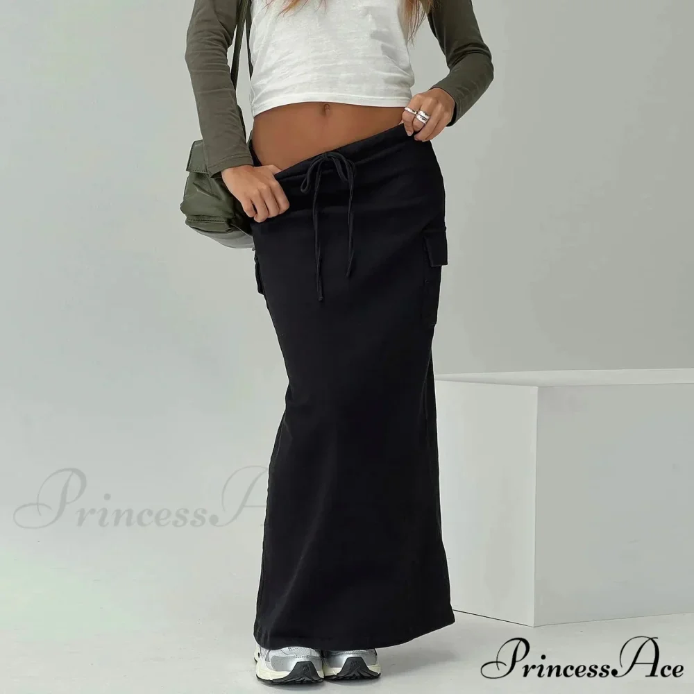 Y2K Cargo Drawstring Bodycon Slit Maxi Skirt - Image 3