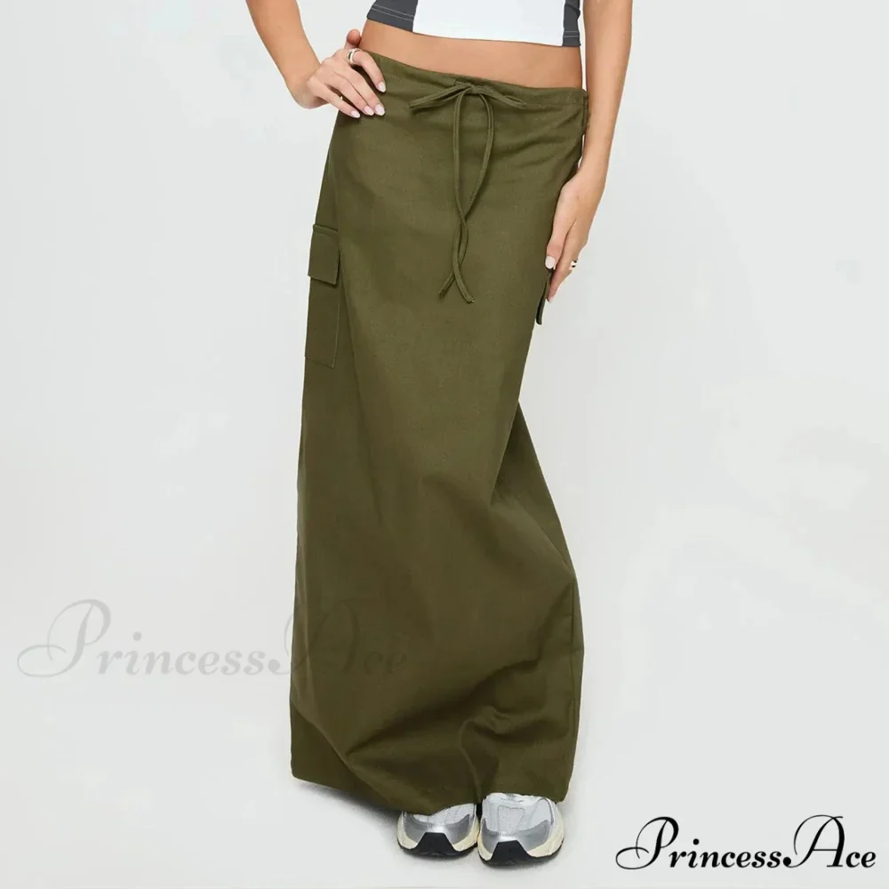 Y2K Cargo Drawstring Bodycon Slit Maxi Skirt - Image 8
