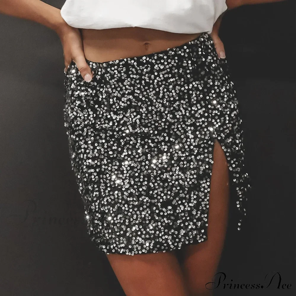 Split Shimmering Sequin Tight Mini Party Clubwear Skirt - Image 3