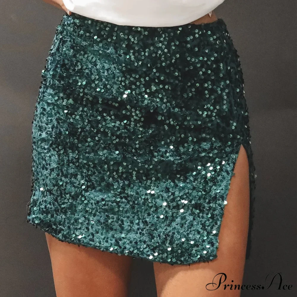 Split Shimmering Sequin Tight Mini Party Clubwear Skirt - Image 5
