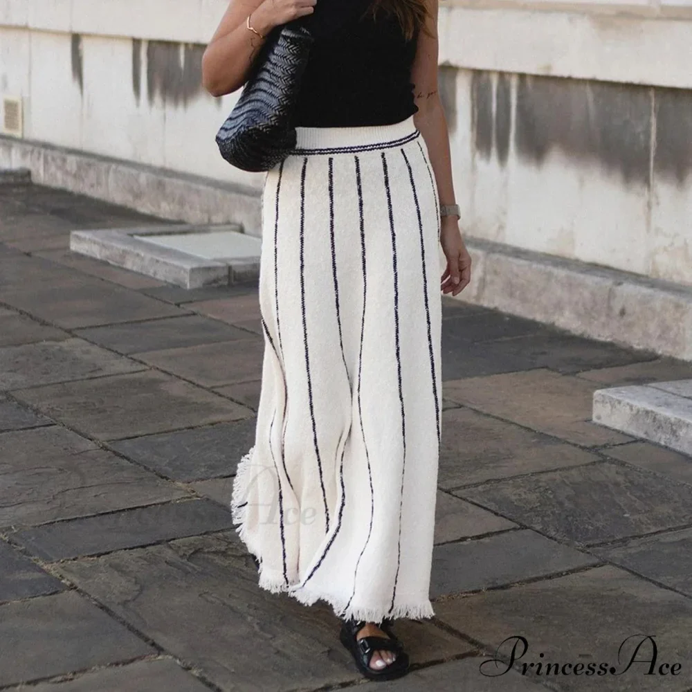 Striped Casual Vintage Elastic Waist Tassel Skirt - Image 2