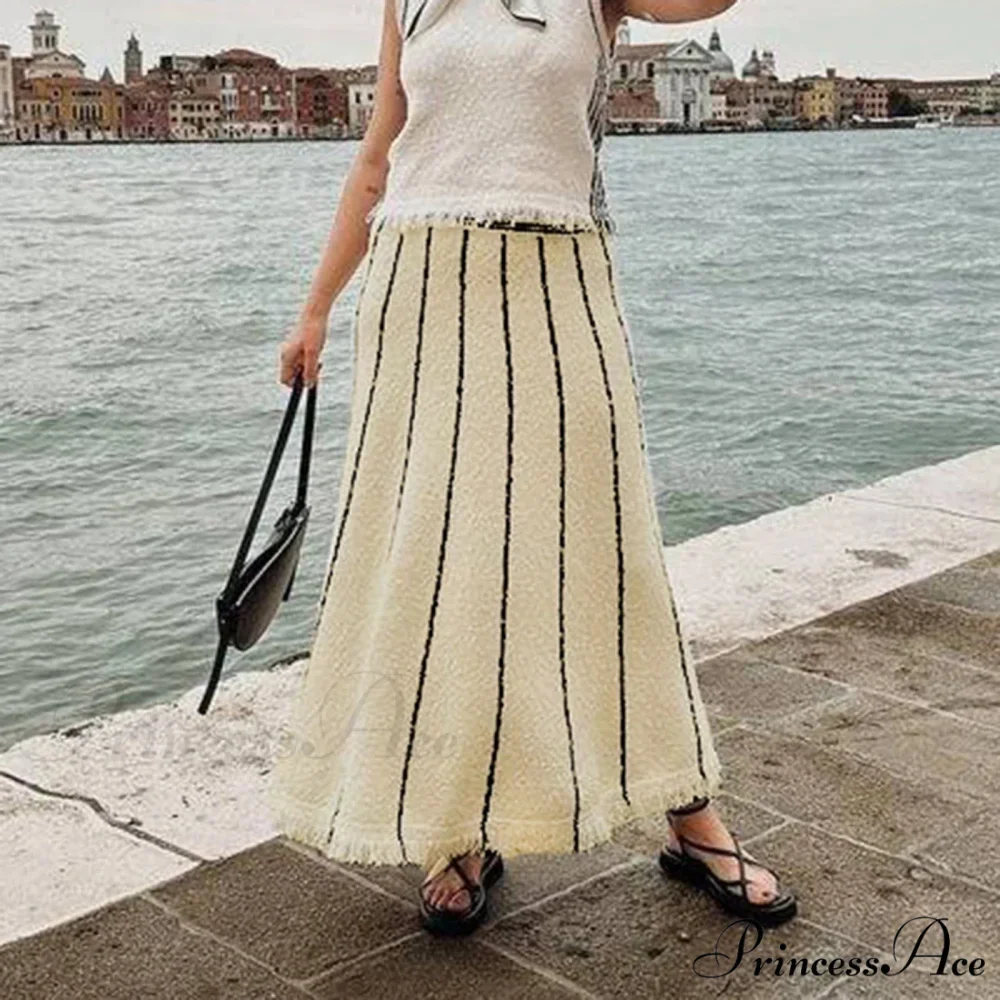 Striped Casual Vintage Elastic Waist Tassel Skirt - Image 3