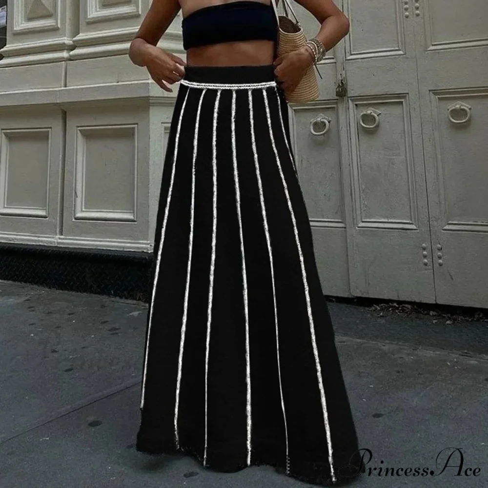 Striped Casual Vintage Elastic Waist Tassel Skirt - Image 5