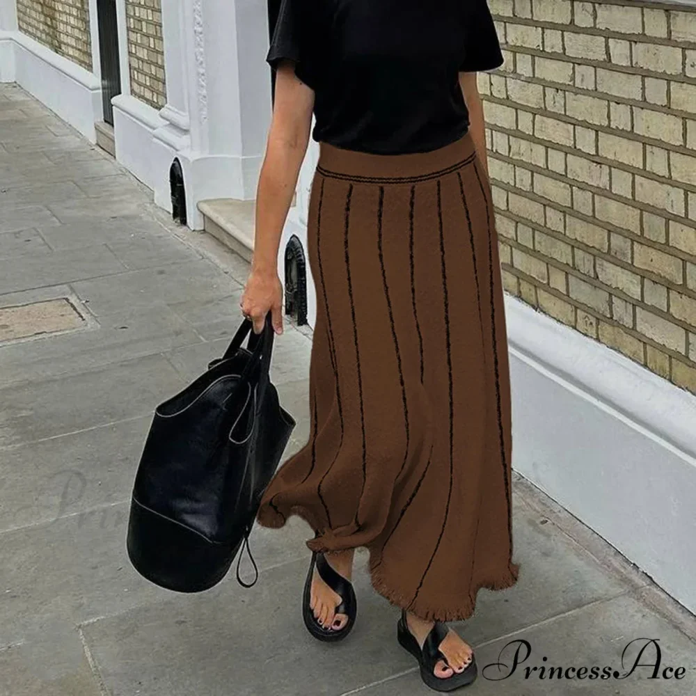 Striped Casual Vintage Elastic Waist Tassel Skirt - Image 6