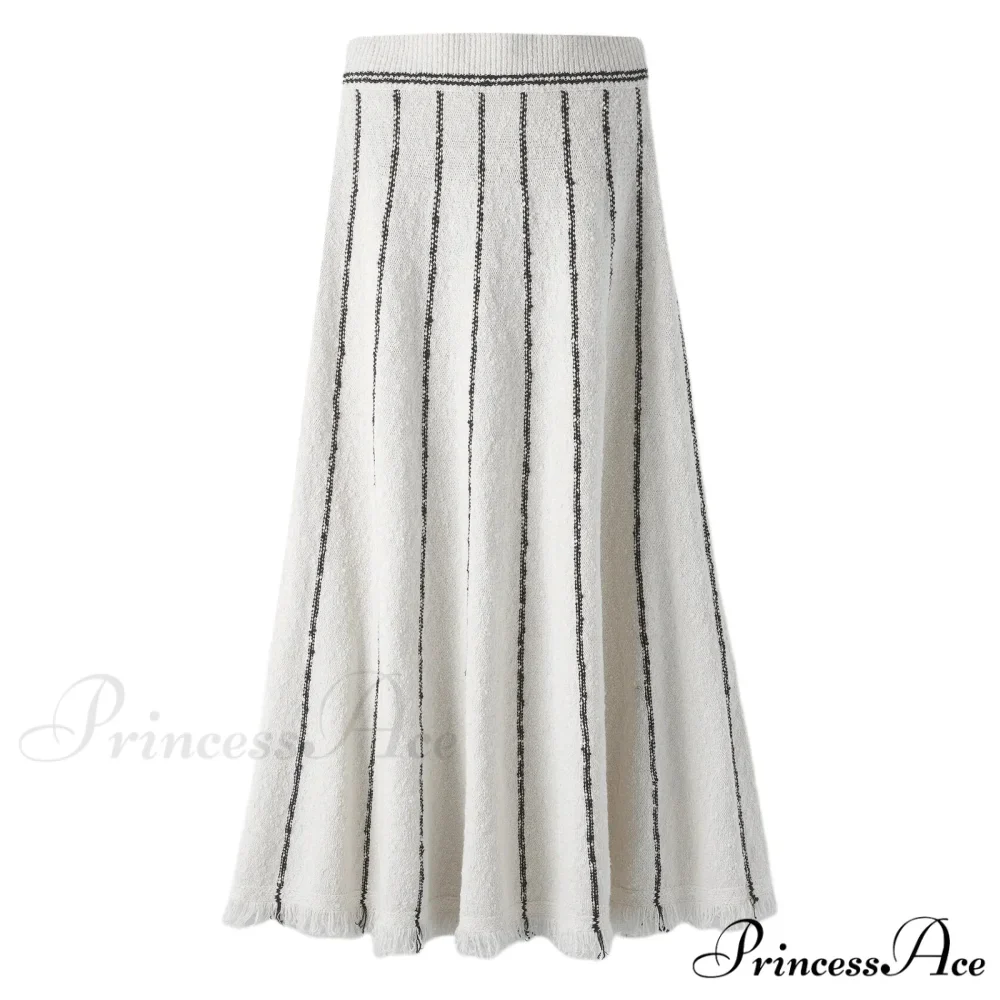 Striped Casual Vintage Elastic Waist Tassel Skirt - Image 7