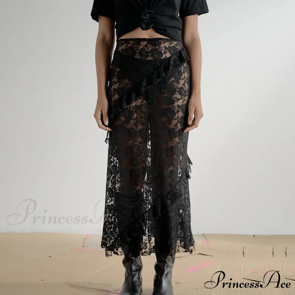 Patchwork Party Lace Ruffled See-Through Maxi Skirt - Image 2