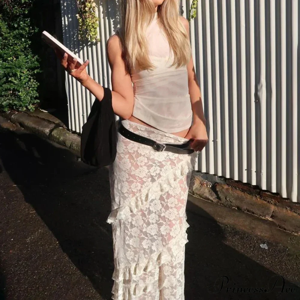 Patchwork Party Lace Ruffled See-Through Maxi Skirt - Image 5