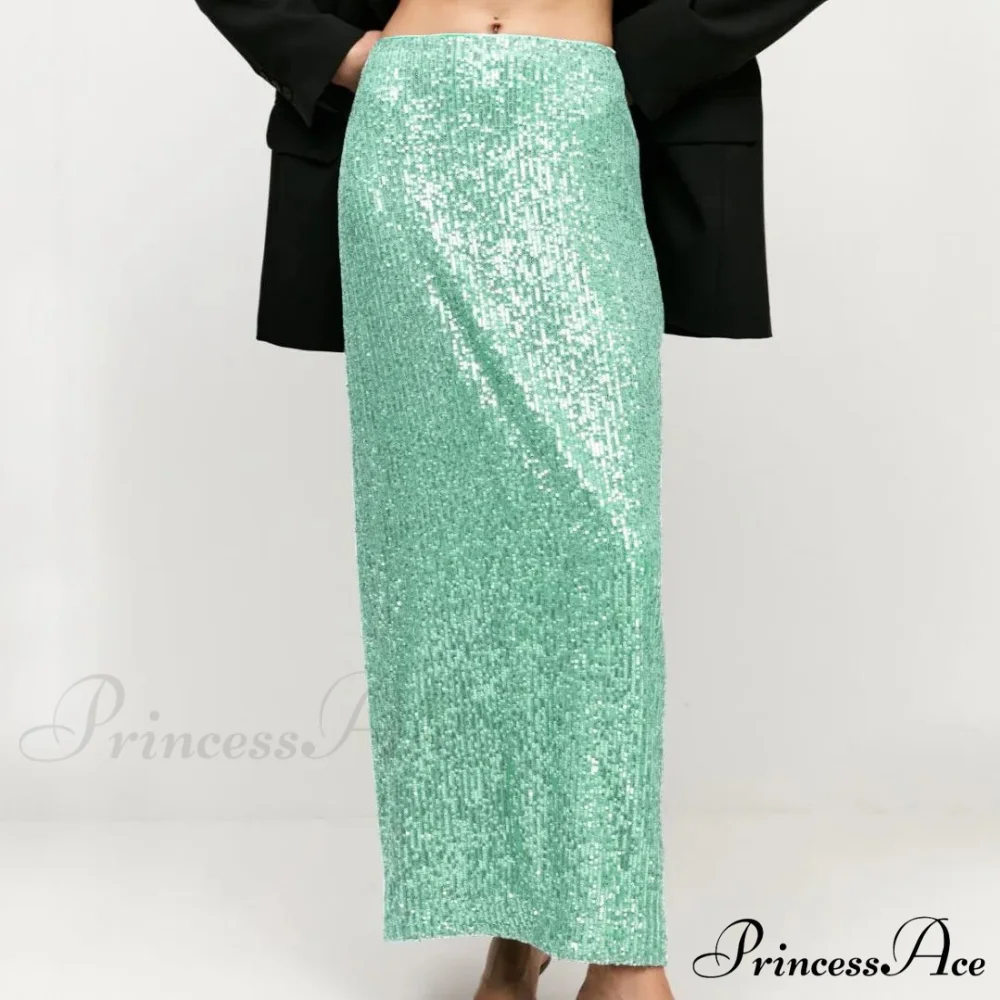 Khaki Sequins Long High Waist Slit Skirt - Image 2