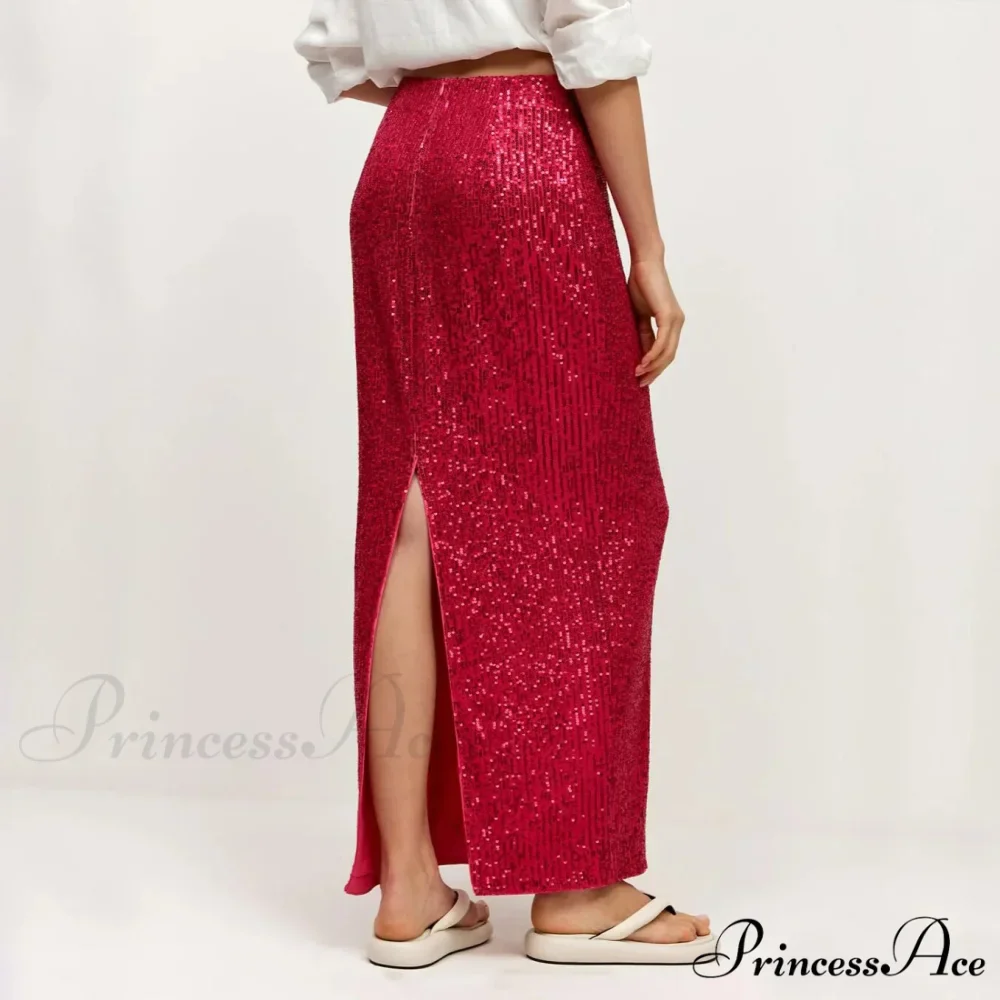 Khaki Sequins Long High Waist Slit Skirt - Image 6