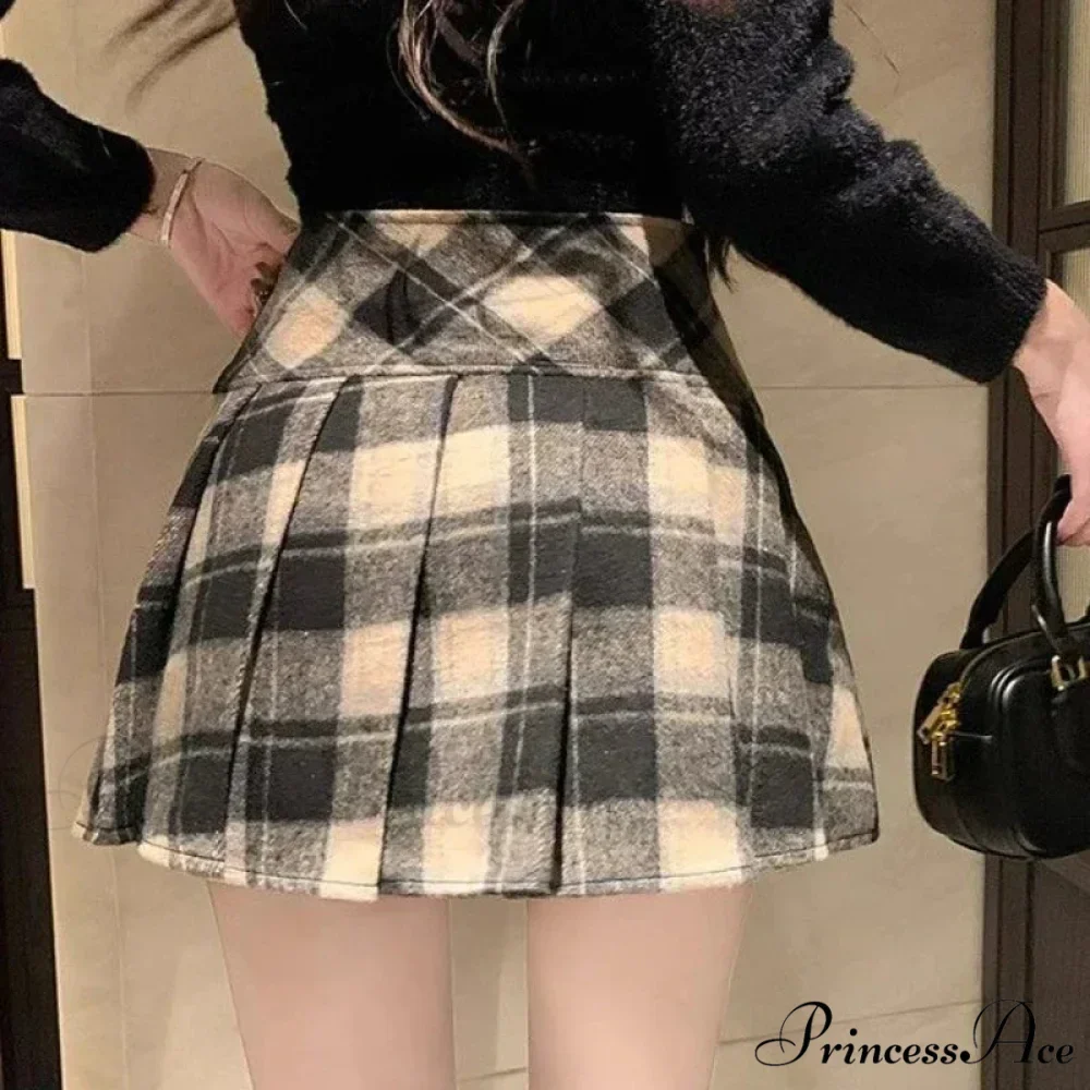 Winter Plaid Woolen Preppy Check Pleated Mini Skirt - Image 3