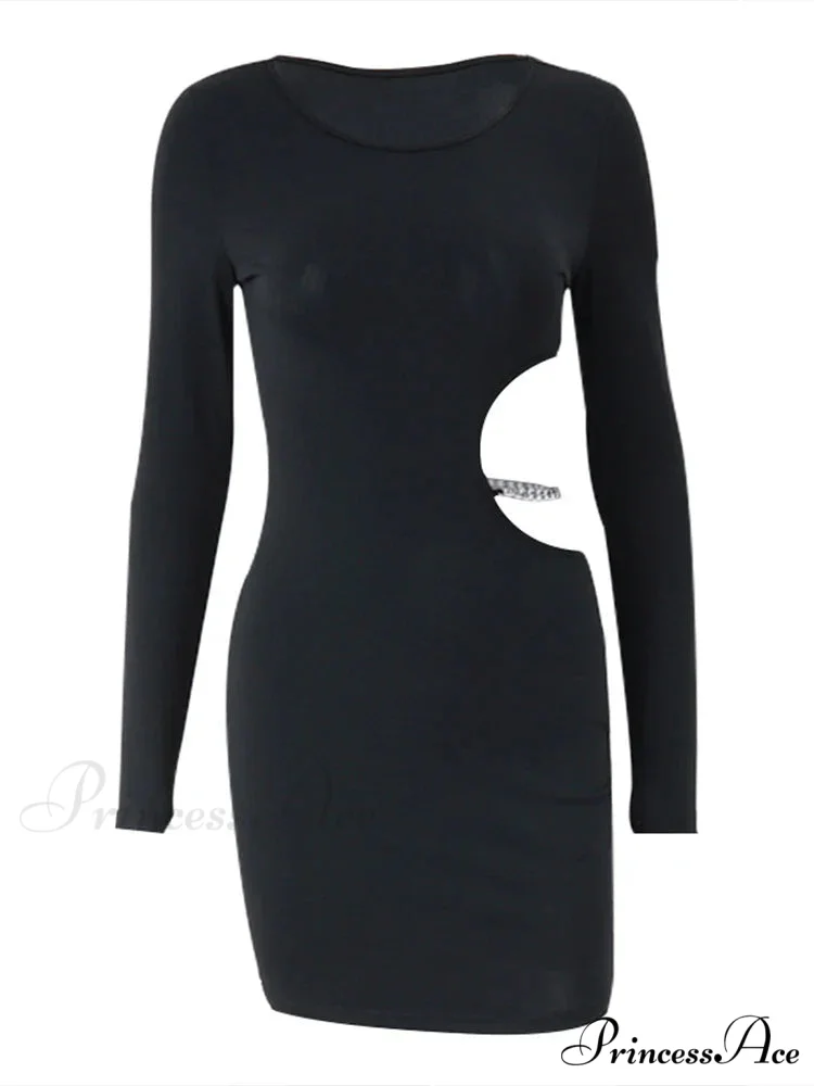 Waist Hollowed Black Long Sleeves Mini Dress - Image 3