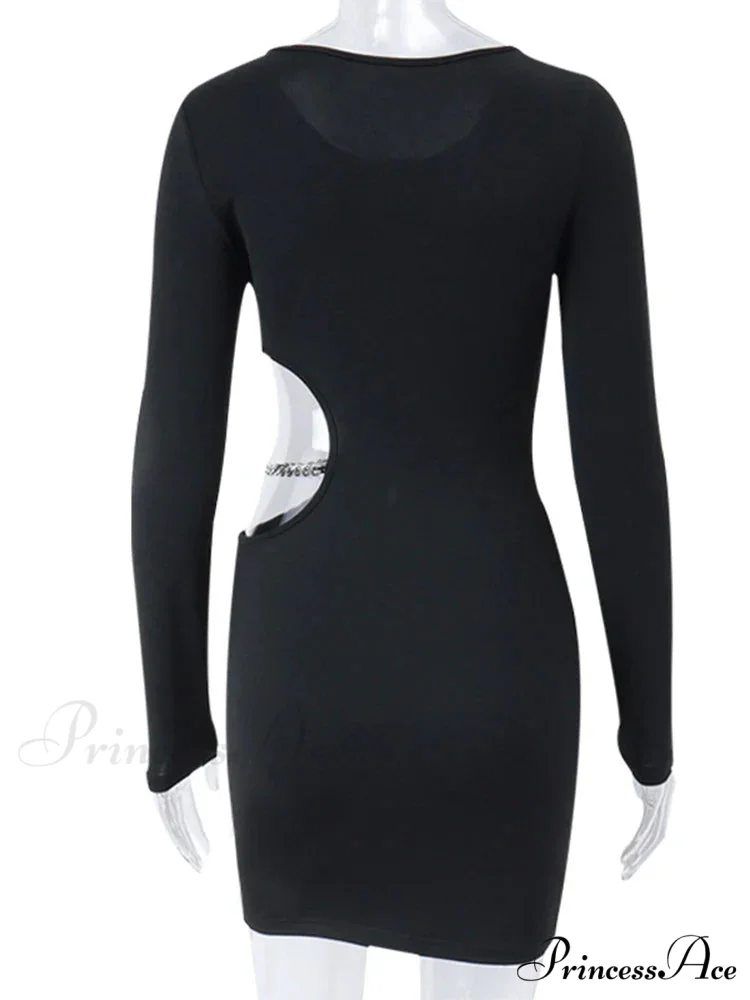 Waist Hollowed Black Long Sleeves Mini Dress - Image 4