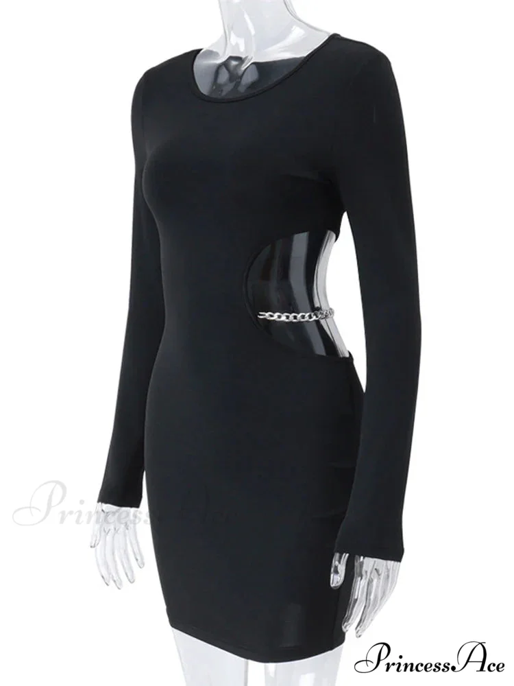 Waist Hollowed Black Long Sleeves Mini Dress - Image 5