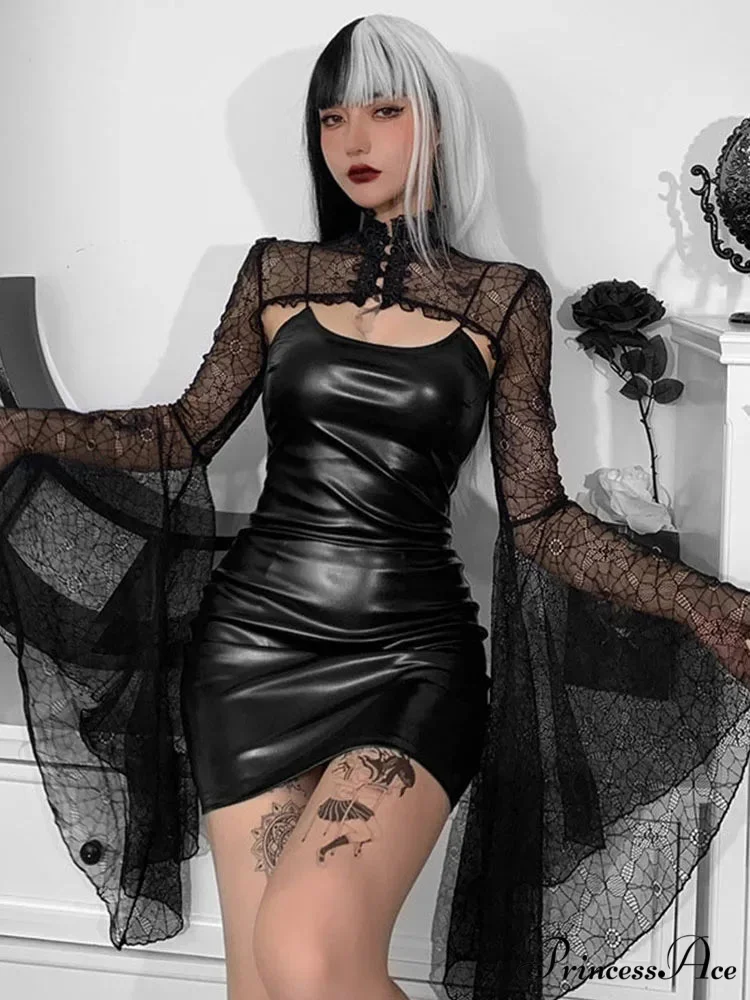 Gothic Black Faux Leather Flare Sleeve Crop Top Mini Dress - Image 2