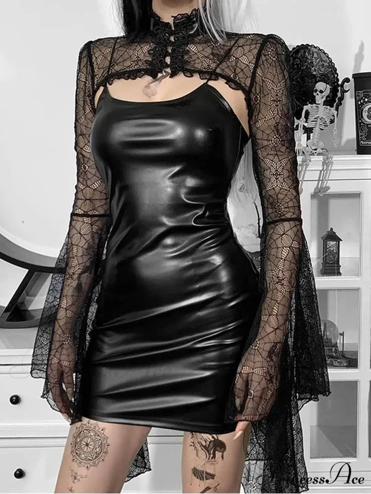 Gothic Black Faux Leather Flare Sleeve Crop Top Mini Dress - Image 3