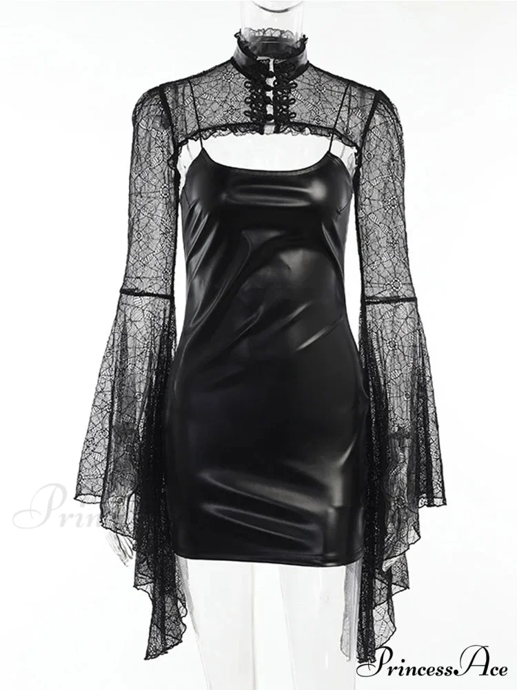 Gothic Black Faux Leather Flare Sleeve Crop Top Mini Dress - Image 6