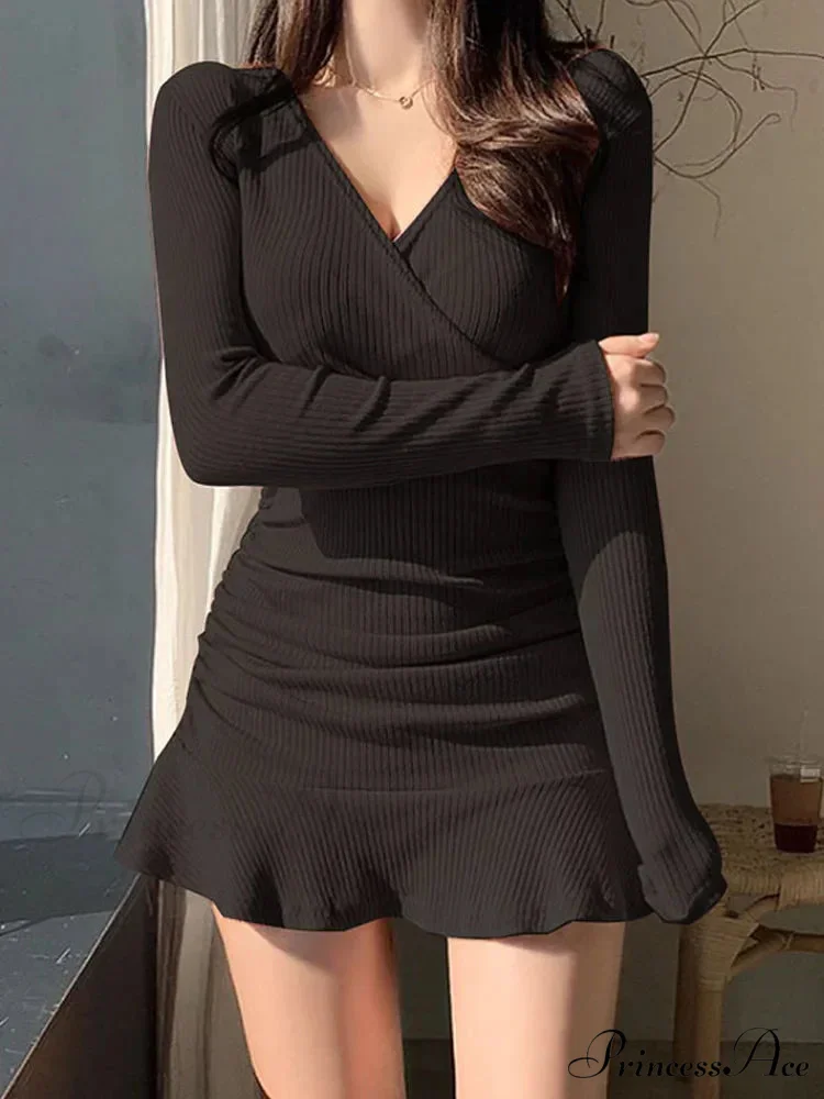 Knitted Ribbed V Neck Elegant Long Sleeve Mini Dress - Image 2