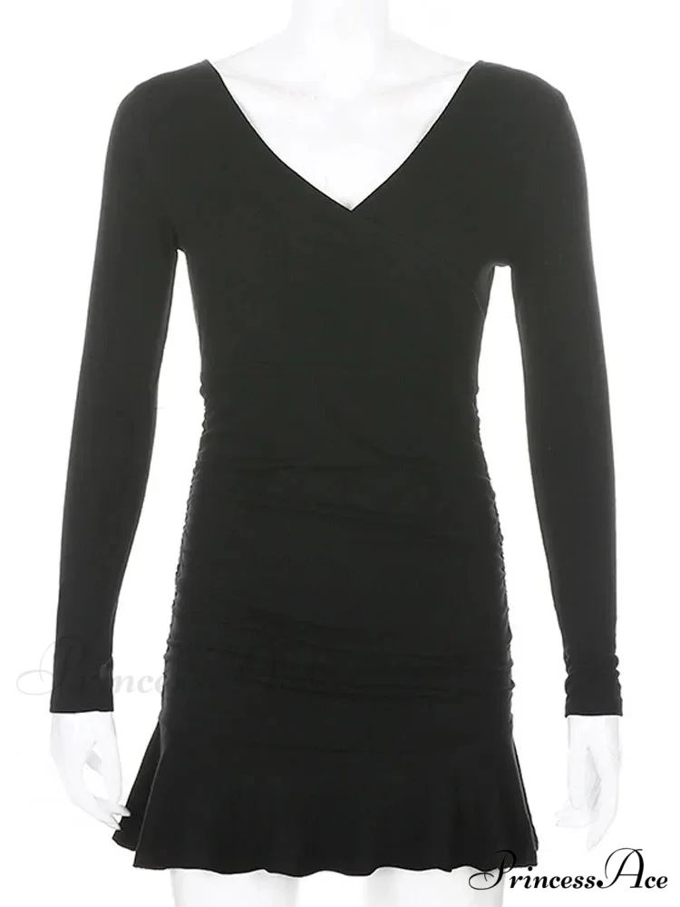 Knitted Ribbed V Neck Elegant Long Sleeve Mini Dress - Image 6