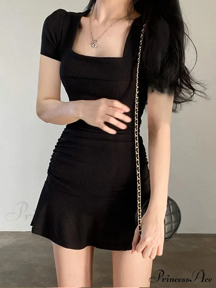 Ribbed Square Collar Casual Ruffles Patchwork Mini Dress - Image 2