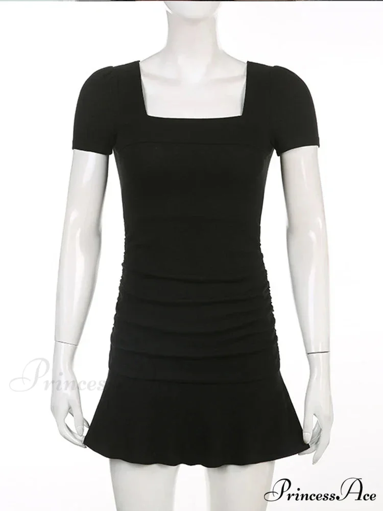 Ribbed Square Collar Casual Ruffles Patchwork Mini Dress - Image 5