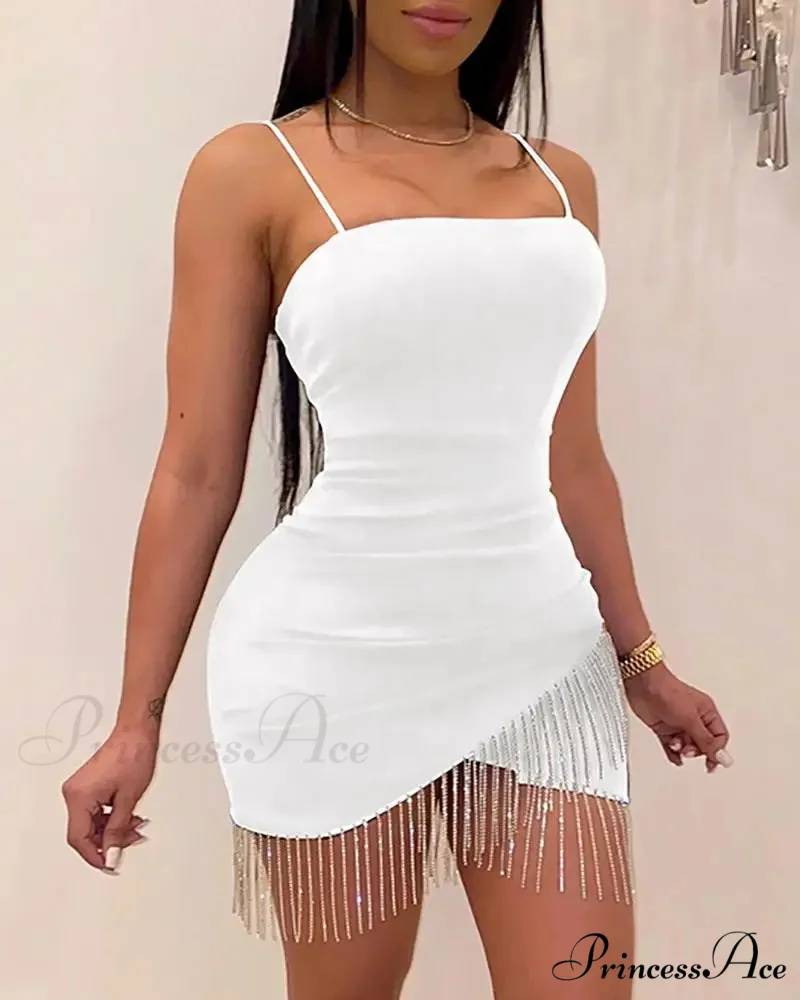 Woman Party Night Birthday Tassel Split Sleeveless Bodycon Mini Dress - Image 5