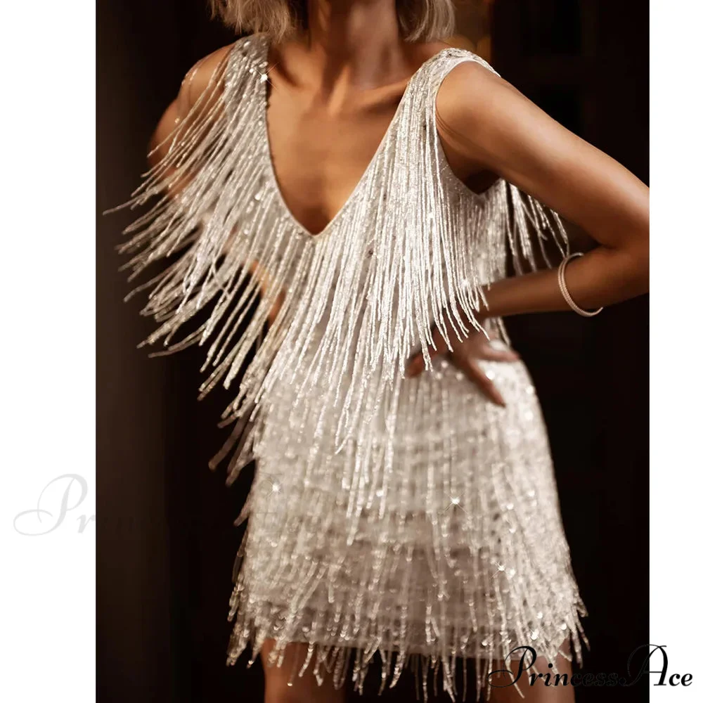 Tassel Sequins White Mini Dress - Image 12