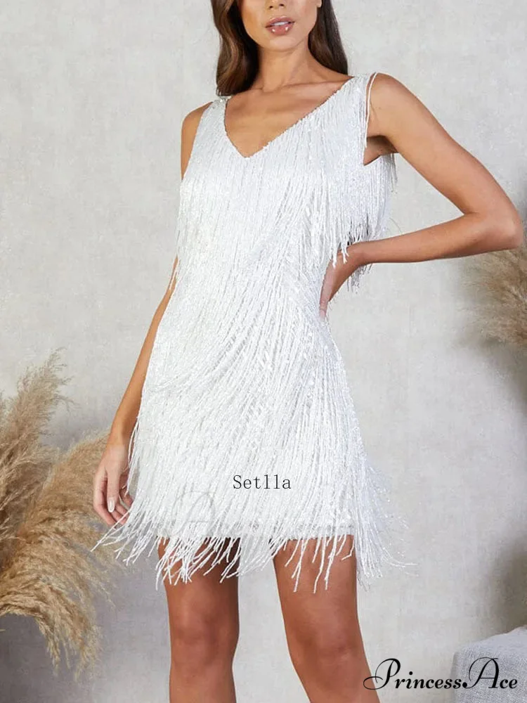 Tassel Sequins White Mini Dress - Image 3