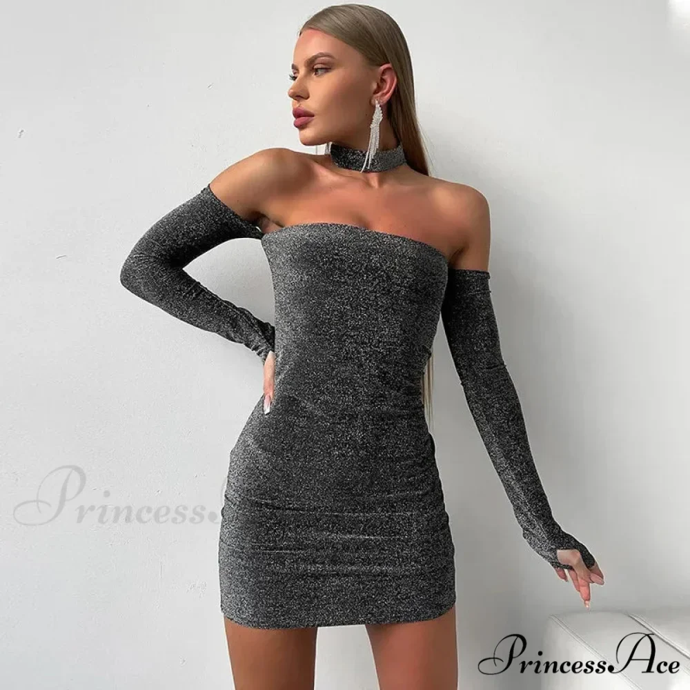 Fashion Glitter Off Shoulder Mini Dress - Image 9