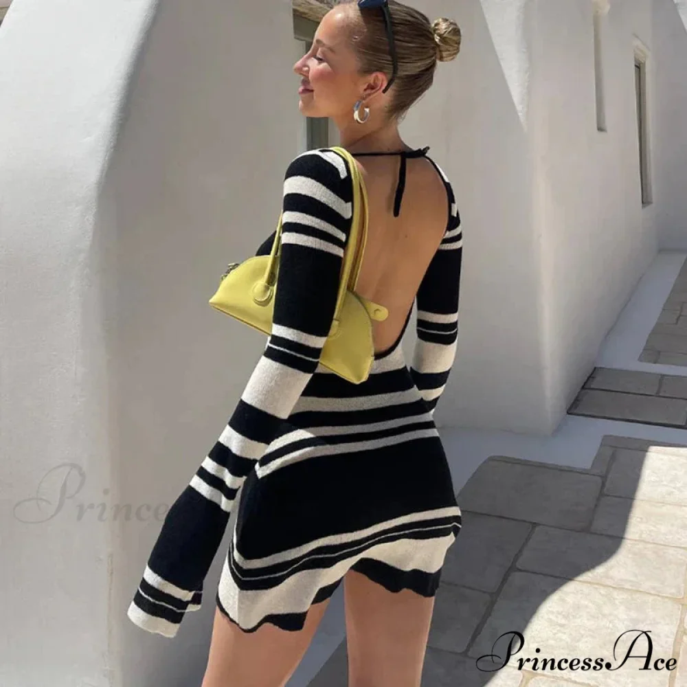 Striped Backless Flare Sleeve Mini Dress - Image 2