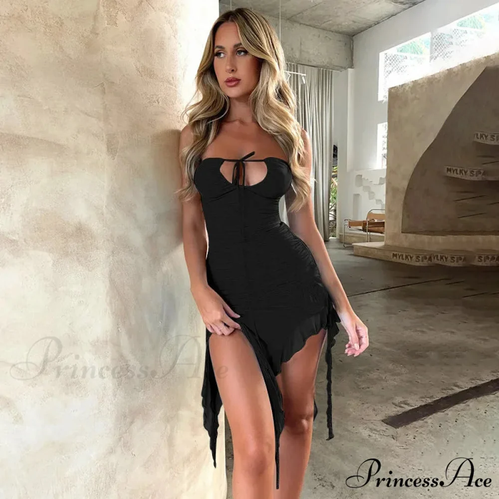 Floral Applique Fashion Strapless Ruched Ruffle Mini Dress - Image 5