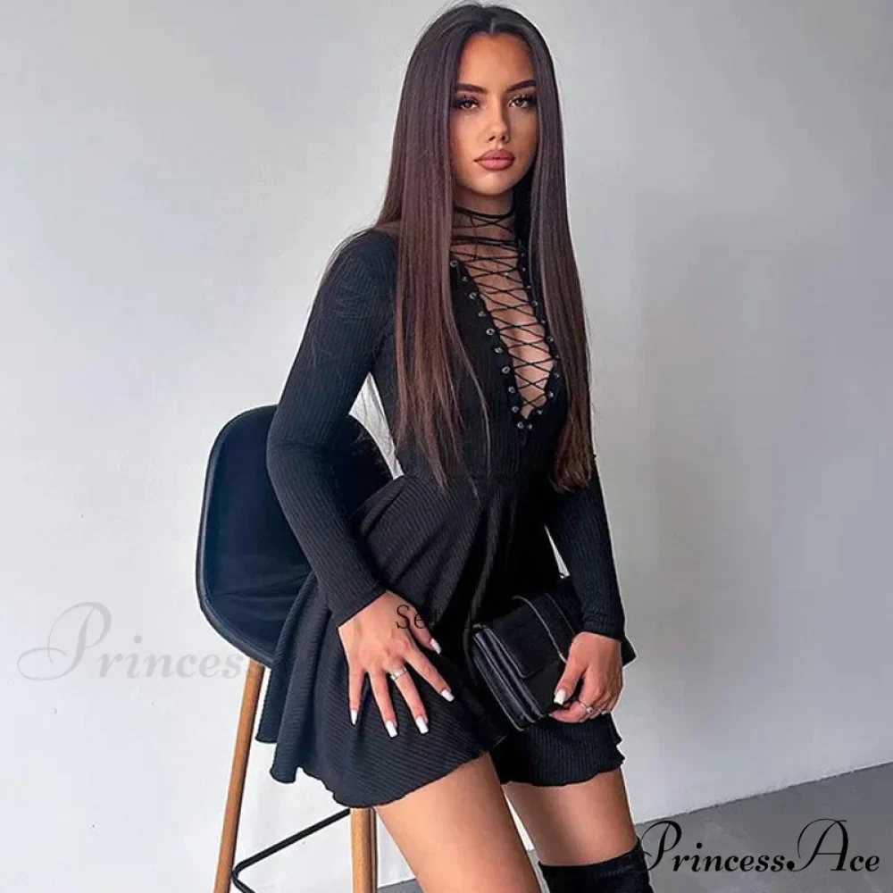 Bandage A-Line Lace Up Long Sleeve Mini Dress - Image 2