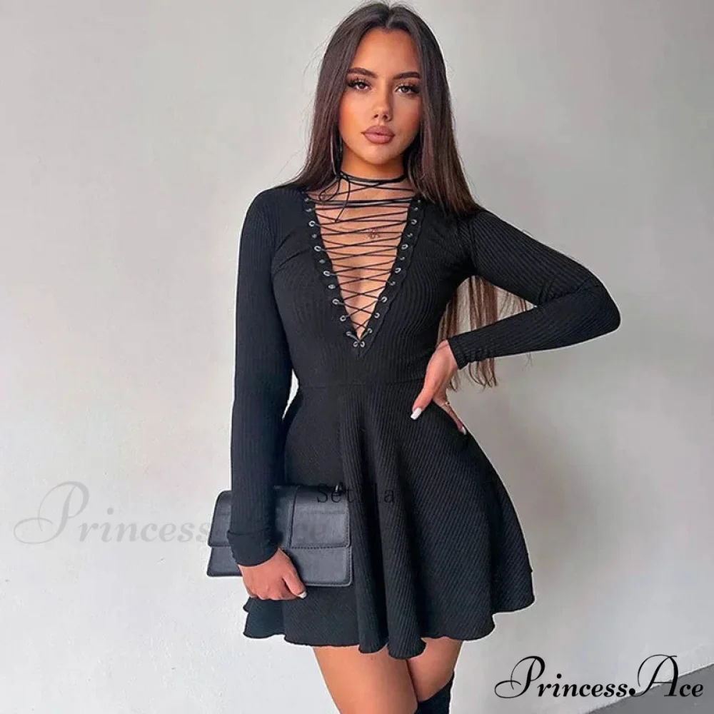 Bandage A-Line Lace Up Long Sleeve Mini Dress - Image 3