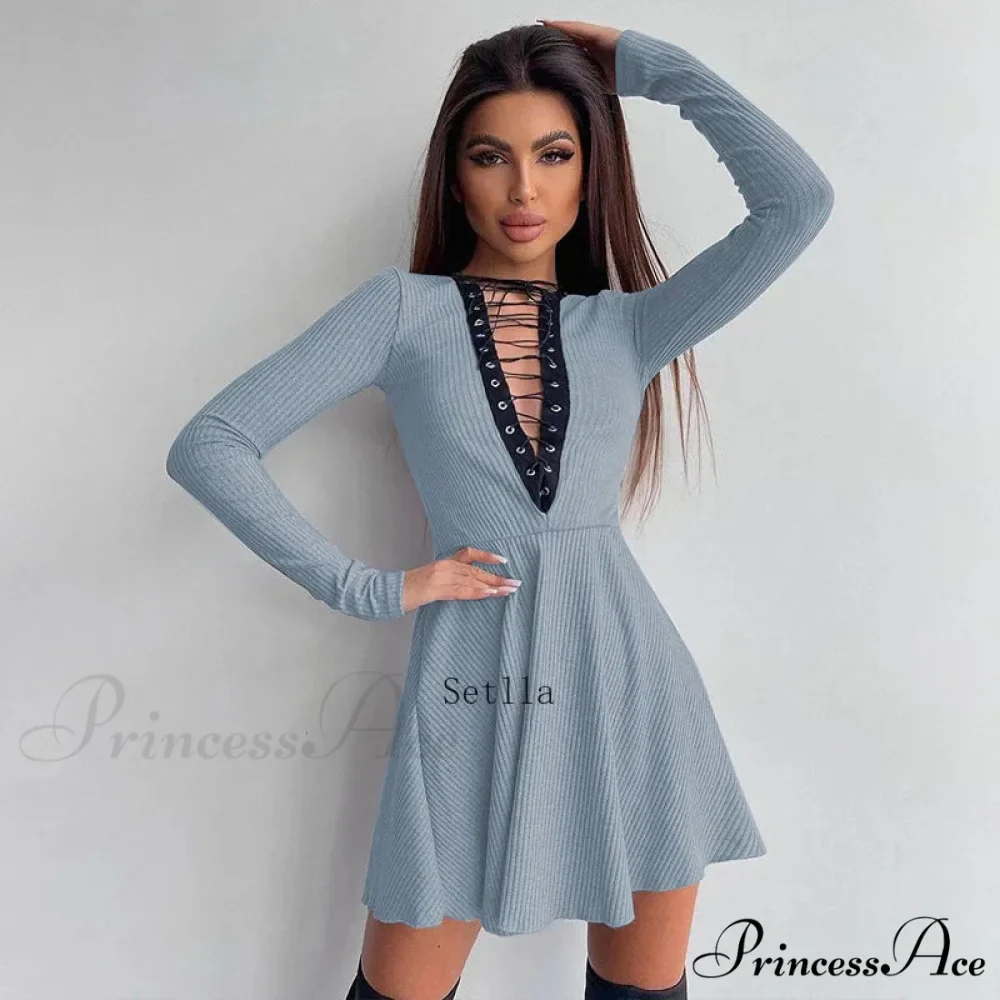 Bandage A-Line Lace Up Long Sleeve Mini Dress - Image 4