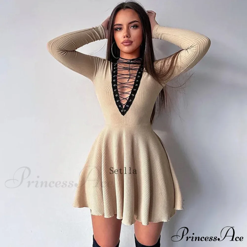 Bandage A-Line Lace Up Long Sleeve Mini Dress - Image 6