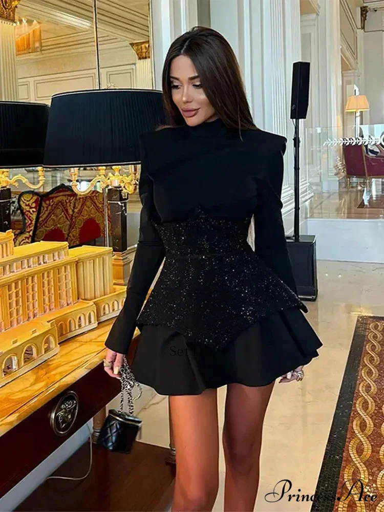 Sequin O Neck Long Sleeve Mini Dress - Image 2