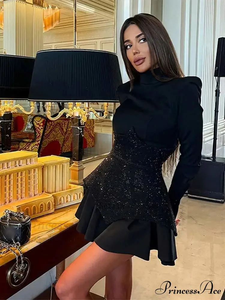 Sequin O Neck Long Sleeve Mini Dress - Image 3