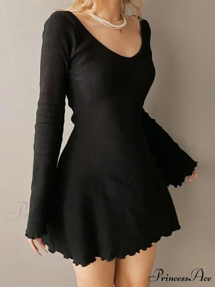 Knitting V Neck Hem Elegant Mini Dress - Image 2