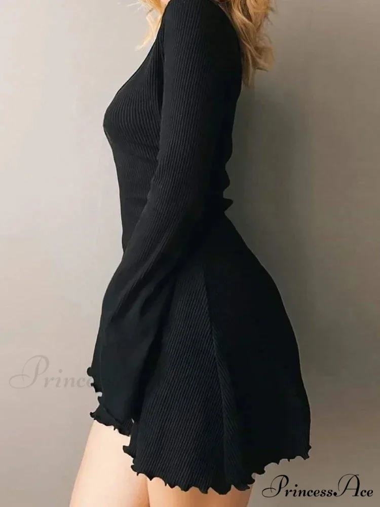 Knitting V Neck Hem Elegant Mini Dress - Image 3