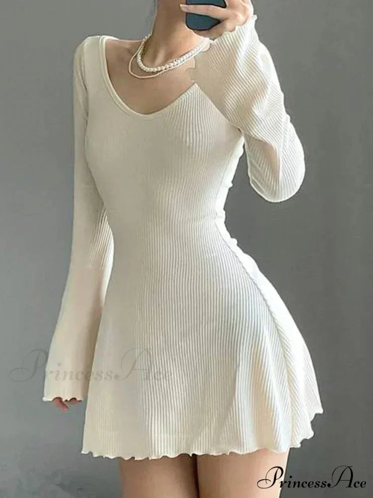 Knitting V Neck Hem Elegant Mini Dress - Image 4