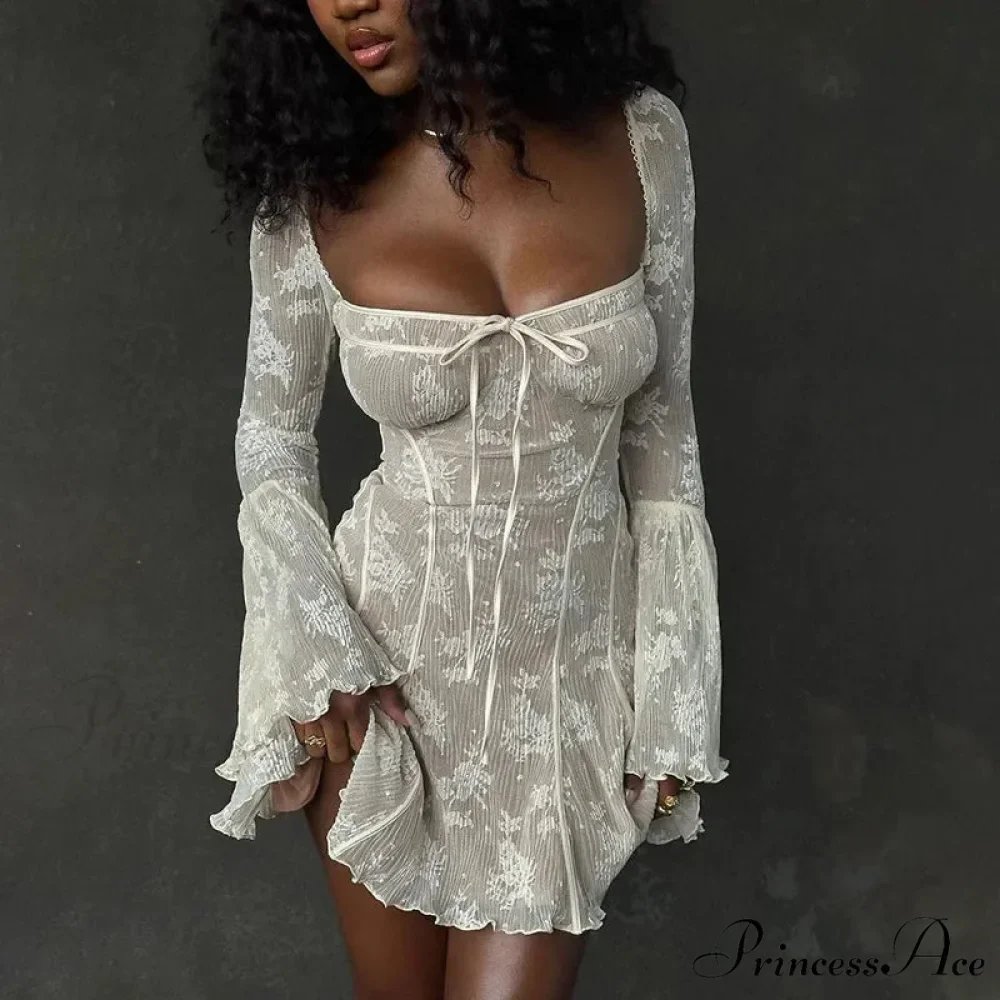 Vintage Dotted Lace Corset Club Party Sheer Mini Dress - Image 4