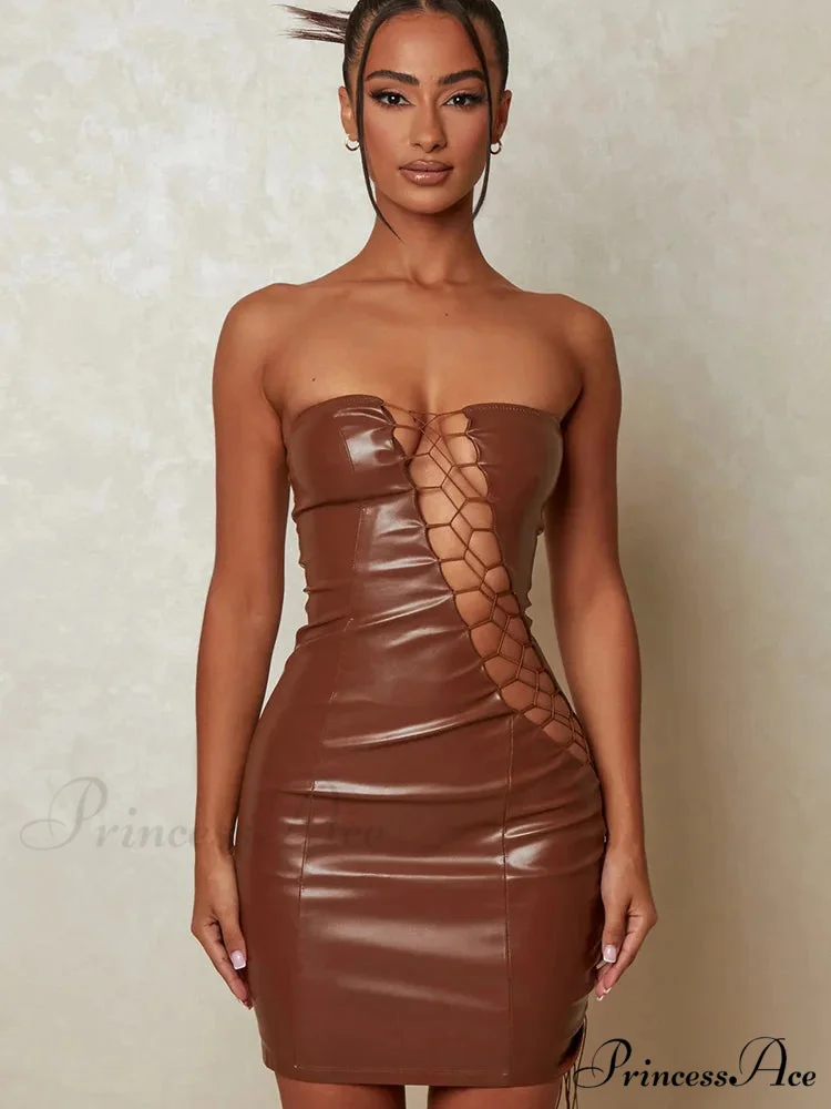 Hollow Out PU Leather Strapless Sleeveless Bodycon Party Short Mini Dress - Image 2