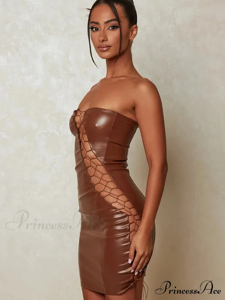 Hollow Out PU Leather Strapless Sleeveless Bodycon Party Short Mini Dress - Image 3