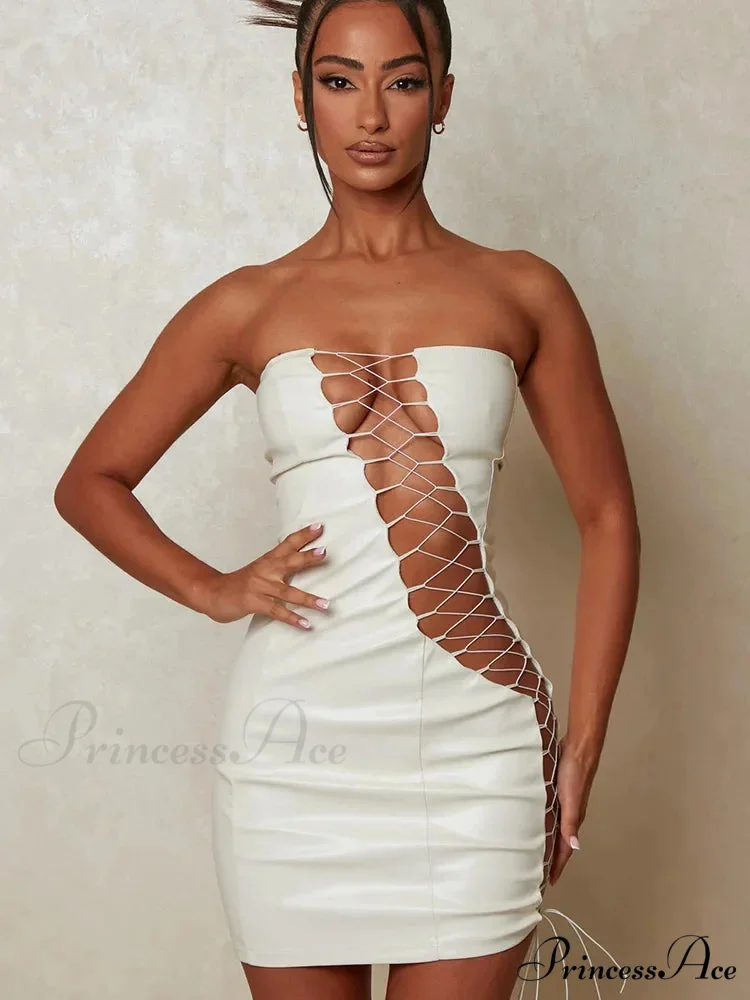 Hollow Out PU Leather Strapless Sleeveless Bodycon Party Short Mini Dress - Image 5